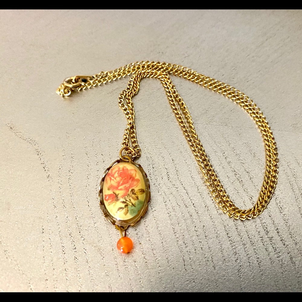 Floral yellow green gold cameo orange necklace
